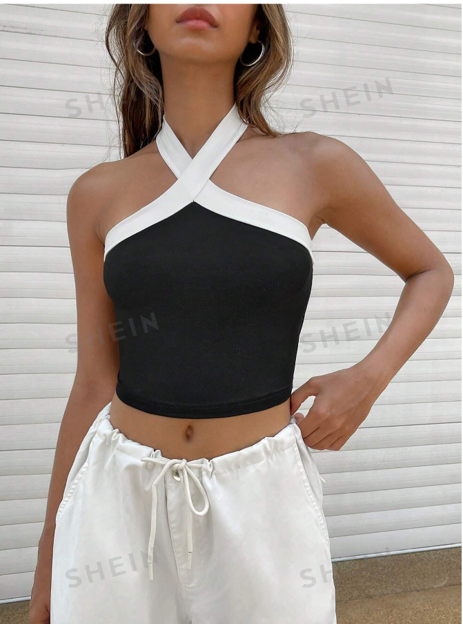 SHEIN EZwear Two Tone Crop Halter Top
