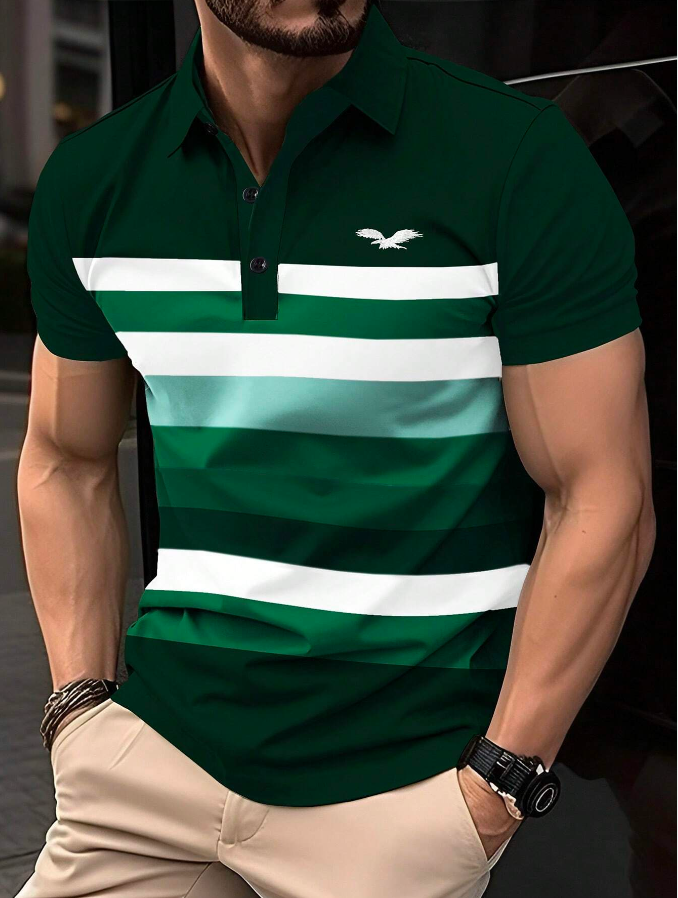 Manfinity Mode Men's Summer Striped Eagle Short Sleeve Casual Business Polo Shirt