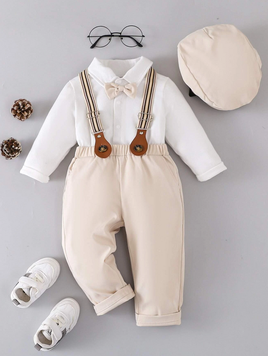Baby Boy Bow Front Bodysuit & Suspender Pants With Hat