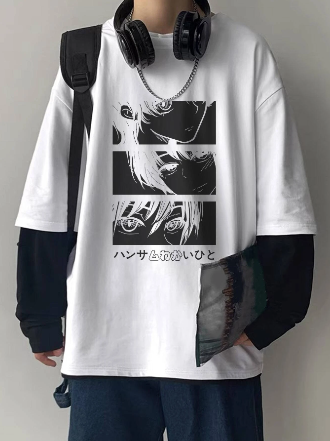 Manfinity Hypemode Men T-Shirts Baggy Crew Neck Drop Shoulder Long Sleeve Graphic Tee Skater Japanese Fashion Spring Knit Top