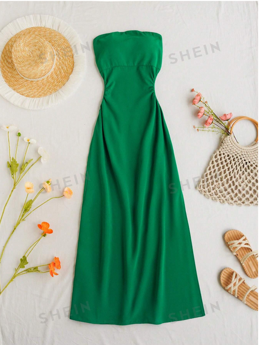 SHEIN WYWH Romantic Strapless A-Line Dress with Green Cutouts, Tie Waist and Slit, Perfect for Romantic Vacations for Women
