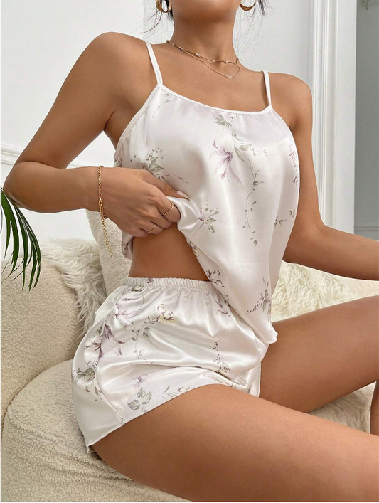 Satin Rose Print Pajama Set  Pajama Set White Set