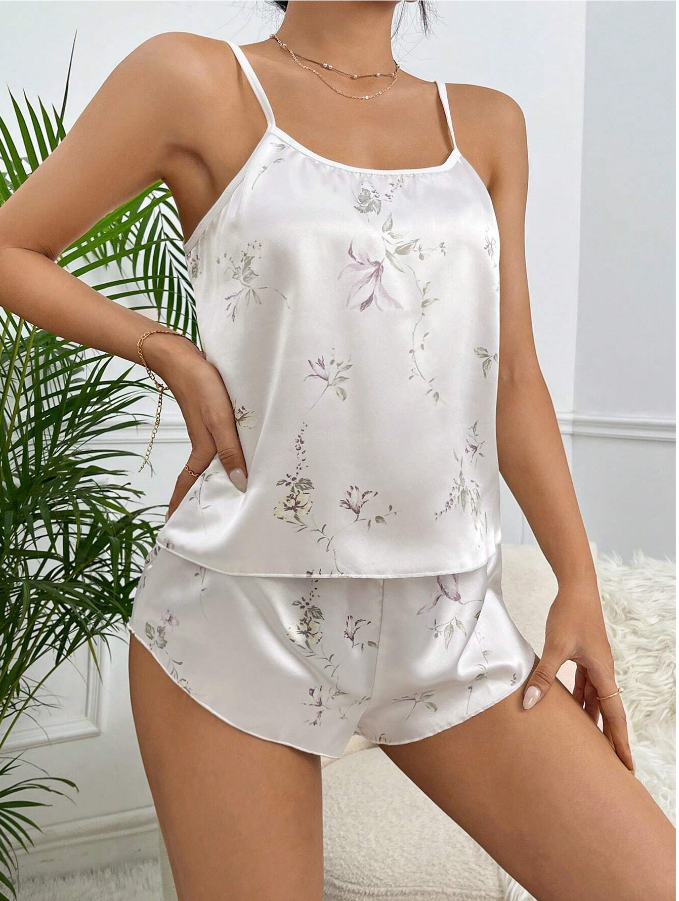 Satin Rose Print Pajama Set  Pajama Set White Set