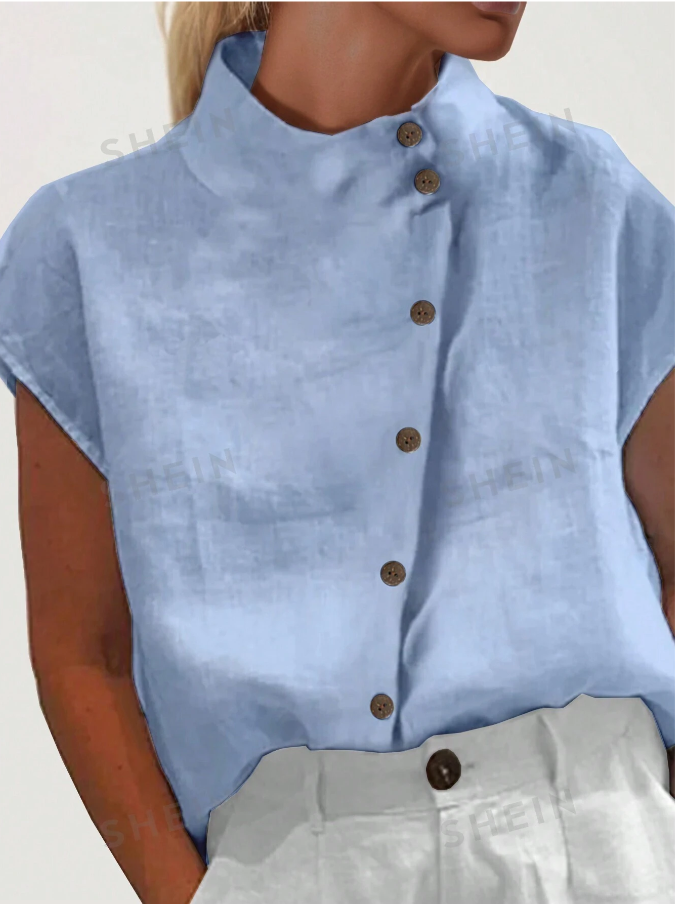 EMERY ROSE Women's Summer Casual Loose Batwing Sleeve Snap Button Stand Collar Shirt