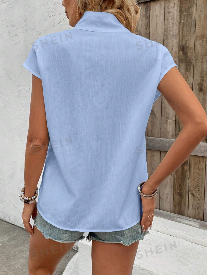 EMERY ROSE Women's Summer Casual Loose Batwing Sleeve Snap Button Stand Collar Shirt
