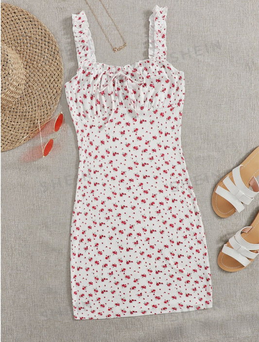 SHEIN WYWH Cottagecore Tie Front Lapel Daisy Print Dress
