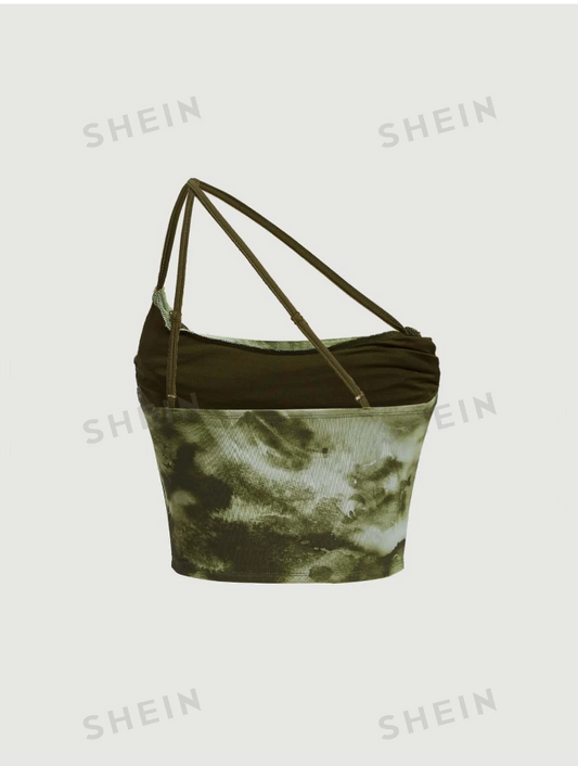 SHEIN MOD One Shoulder Wrap Crop Top with Knot on Shoulder
