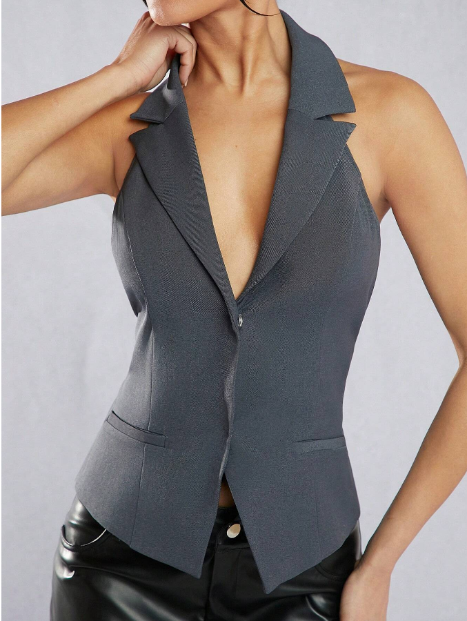 SHEIN Haute Women's Solid Hollow Out Back High Neck Sleeveless Top