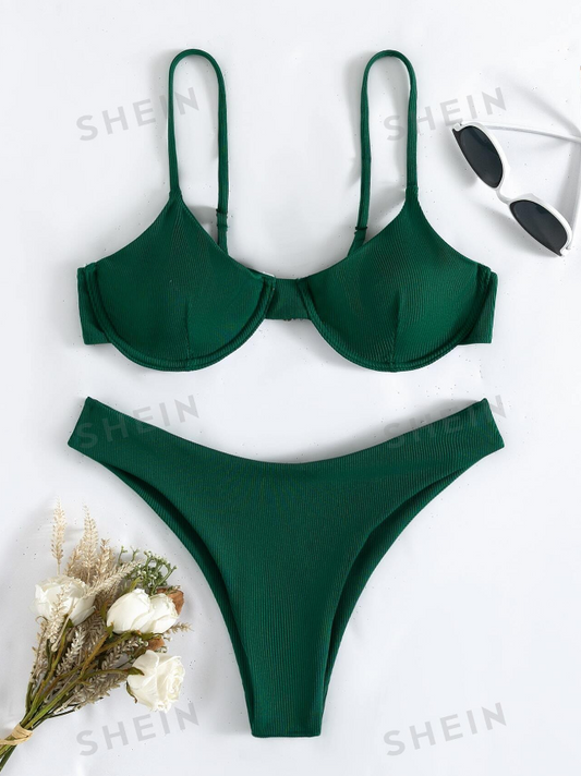 SHEIN Swim Summer Beach Rib Underwire Bikini Set