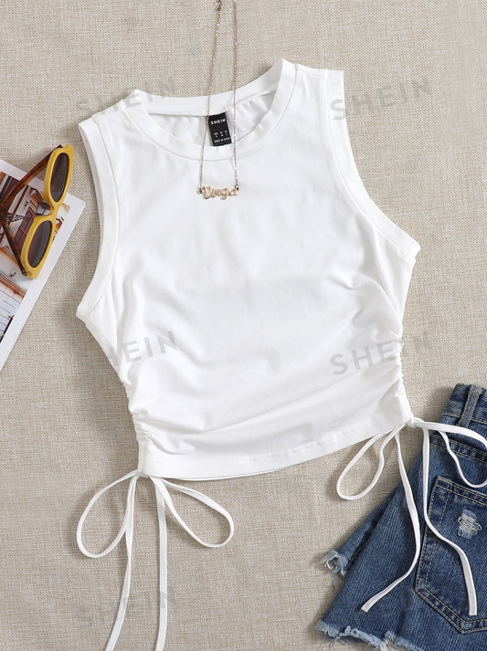 SHEIN EZwear Drawstring Ruched Side Crop White Summer Outfits Back Tank Top