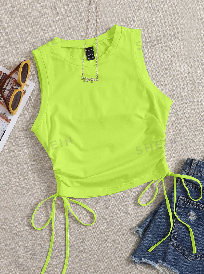 SHEIN EZwear Drawstring Ruched Side Crop Green Tank Top