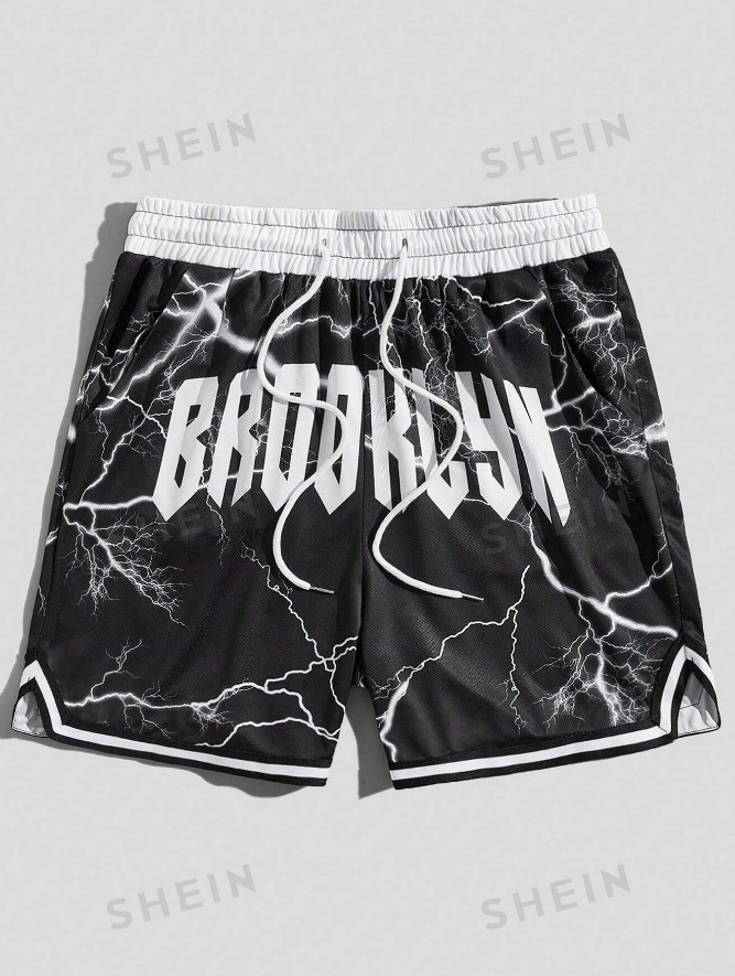 ROMWE Street Life Men Letter Graphic Striped Trim Shorts, School