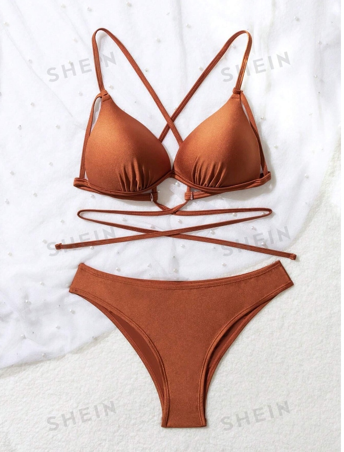 SHEIN Swim Solid Color V Neck Spaghetti Strap Bra & Swim Bottom Bikini Set, Separated Swimming Suit Bathing Suit For Summer Beach