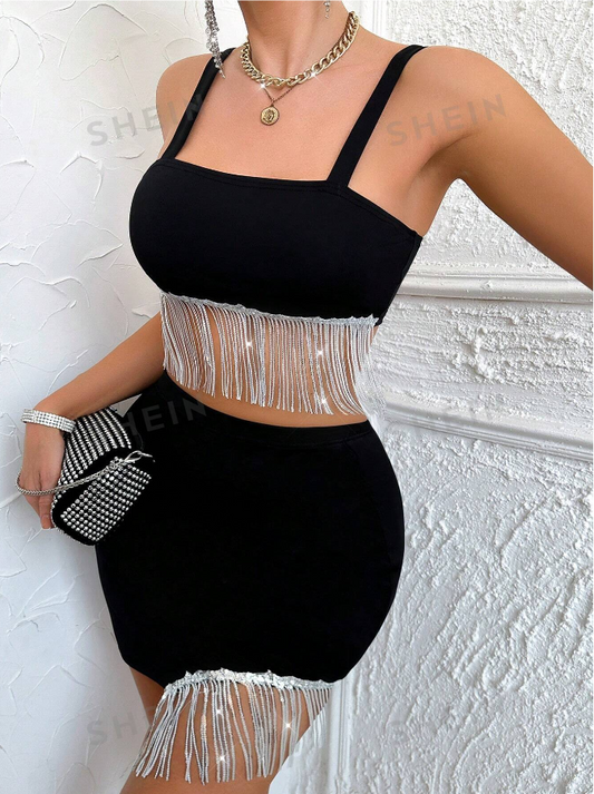 SHEIN Allurite Women's Fringe Hem Cami Top And Bodycon Skirt Set