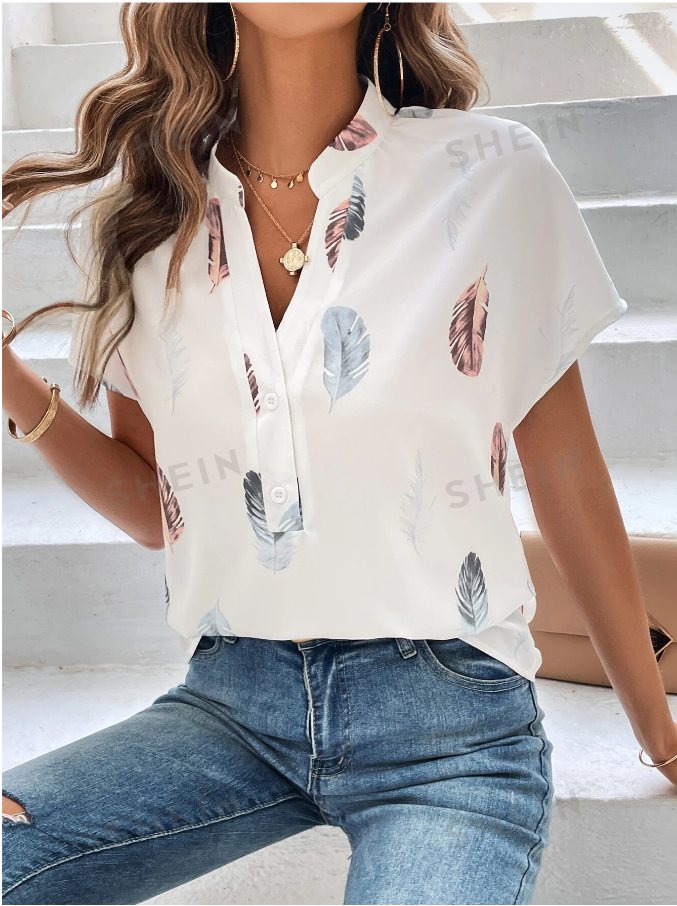 SHEIN LUNE Feather Print Batwing Sleeve Popover Blouse