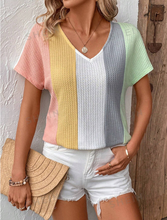 SHEIN LUNE Colorful Striped Short Sleeve Casual T-Shirt For Women, Suitable For Music Festivals In SpringSummer