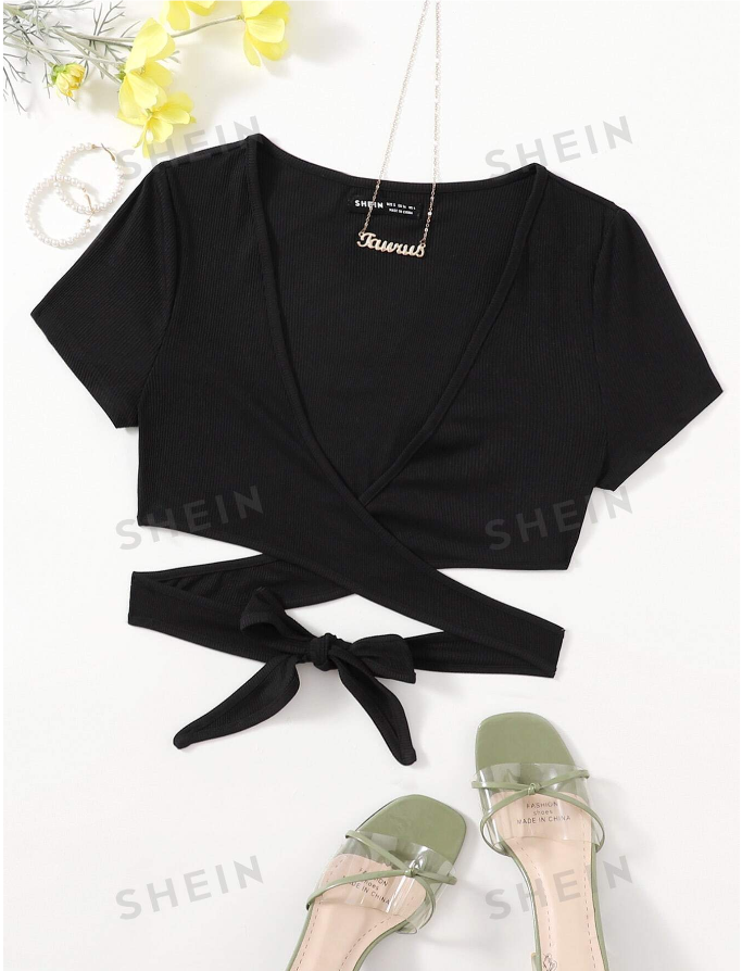 SHEIN Privé Plunging Neck Wrap Cross Tie Back Crop Top