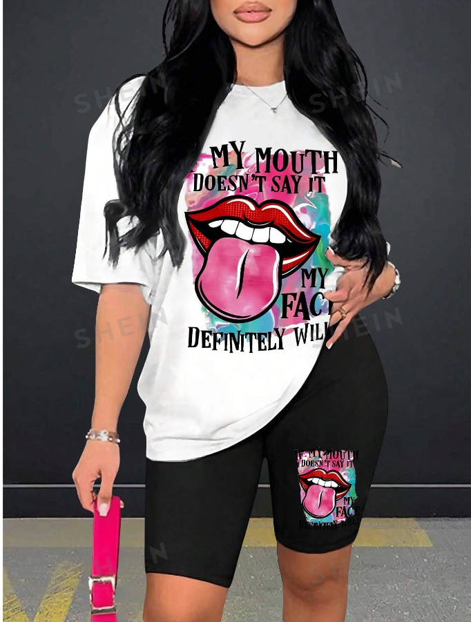 SHEIN Slayr Casual Simple Lip & Tongue Pattern My Mouth Doesn't Say It Graphic Oversized Women 2-Piece Short Sleeve Set, Summer