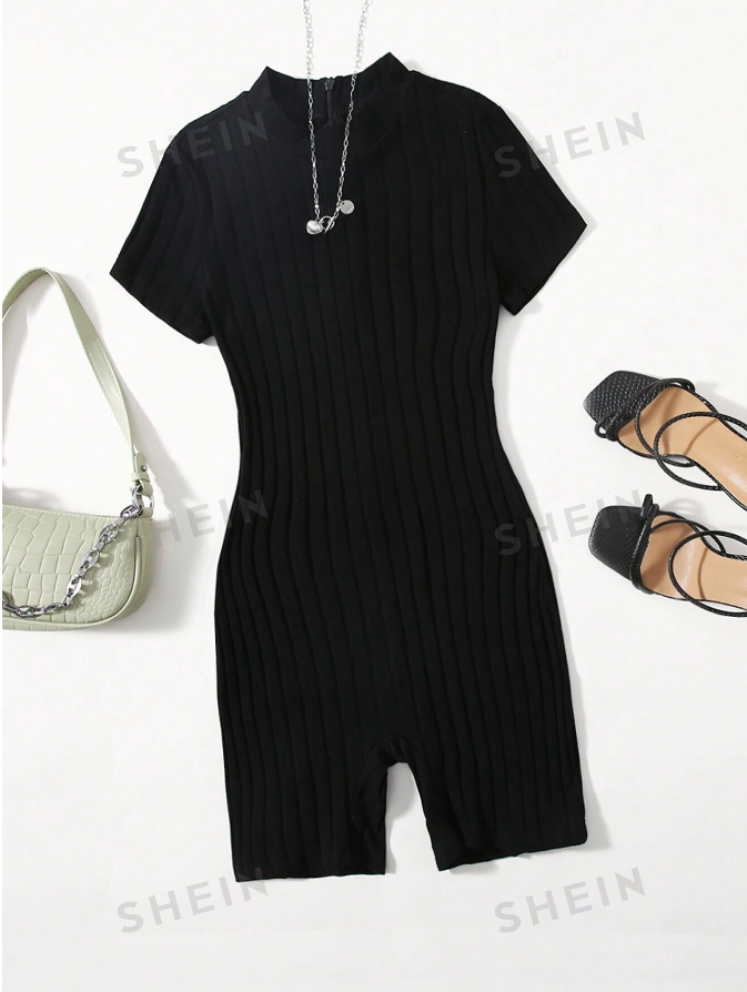 SHEIN EZwear Summer Outfits Mock Neck Rib-Knit Unitard Back Romper