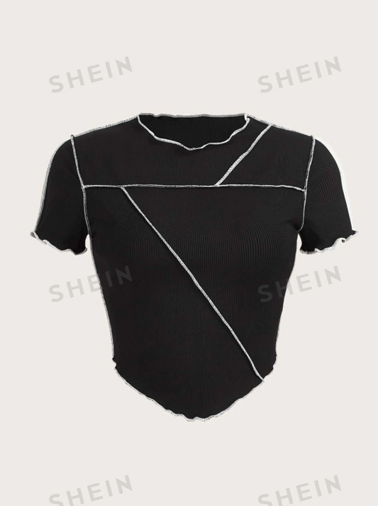 SHEIN ICON Contrast Top-stitching Lettuce Trim Tee