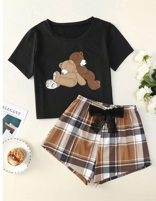 CoupledUp Cartoon Graphic Tee And Plaid Shorts PJ Set  Pajama Set