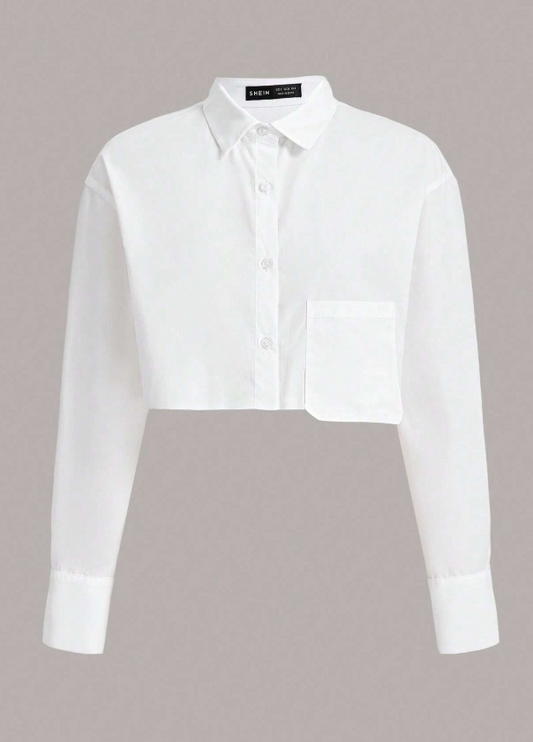 SHEIN EZwear Solid Button Front Pocket Patched Crop Shirt,Long Sleeve Top