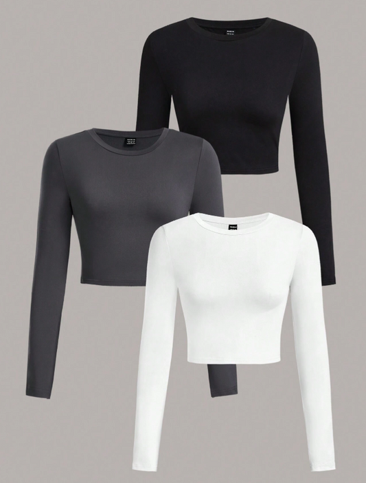 SHEIN EZwear 3 Piece Set Women's Simple Knitted Crew Neck Long Sleeve Short T-Shirts Set Spring Autumn