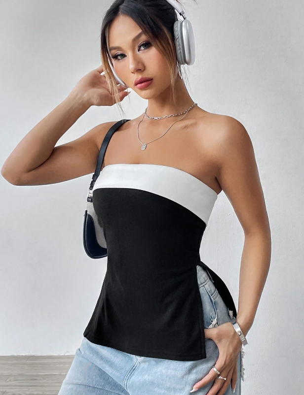 SHEIN EZwear Women's Summer Black Y2k Contrasting Color Tube Top
