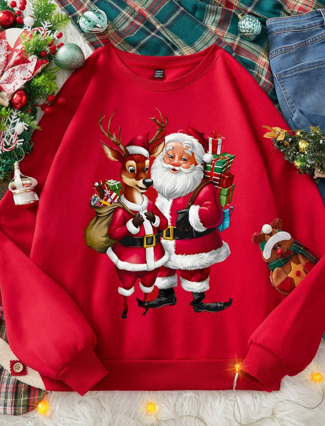 SHEIN Essnce Christmas Casual Minimalist Santa Claus Print Round Neck Long Sleeve Loose