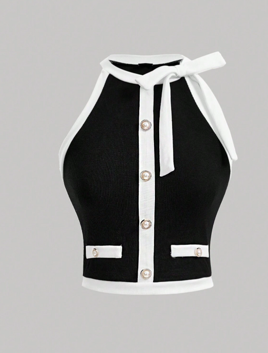 SHEIN MOD Black And White Patchwork Sleeveless Women's Round Neck With Bow Button