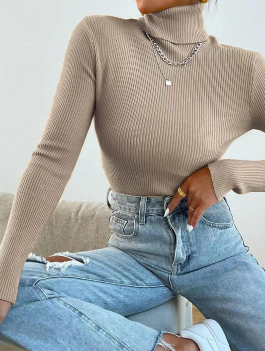 SHEIN Mulvari Turtleneck Ribbed Knit Sweater Without Necklace,Long Sleeve Tops