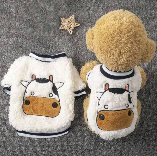 1pc Pet Sweater, Winter Warm Fleece Pullover For Small Dogs And Cats With Cow Print, Pet Clothes