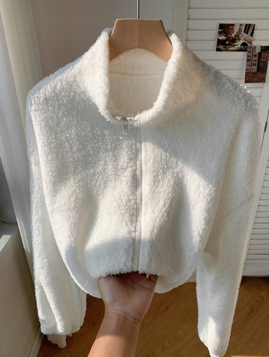 SHEIN Comfortcana White Drop Shoulder Zip Up Drop Shoulder Teddy Jacket