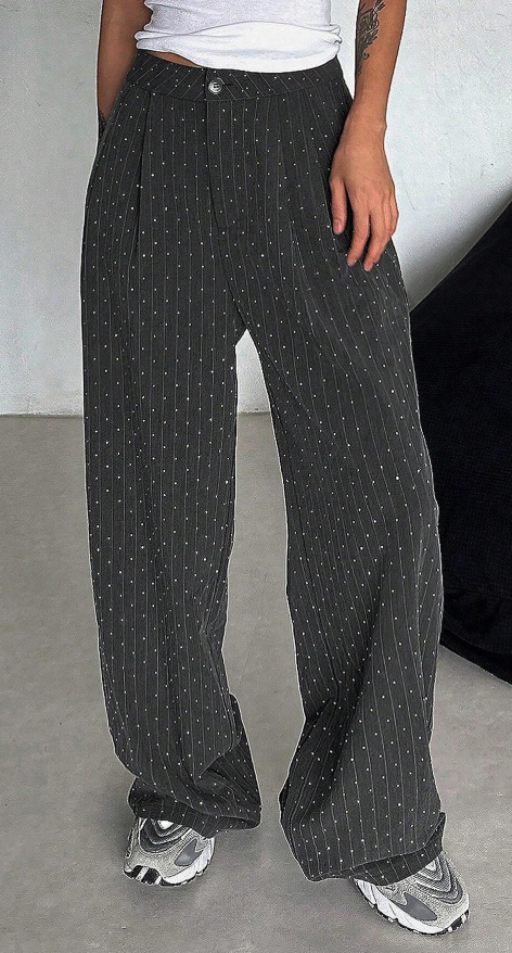 DAZY Women's Front Button Vertical Striped Rhinestone Embellished Casual Suit Pants