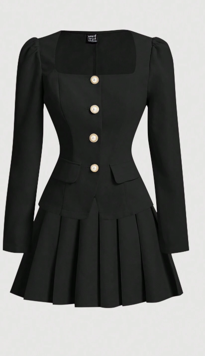 SHEIN MOD Ladies' Black Suit Set, Retro Outfit, Back To School