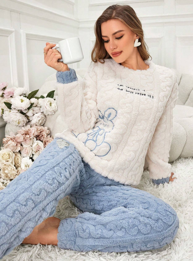 Rabbit Embroidered Women's Fleece Crew Neck Long Sleeve Top And Pants Pajama Set