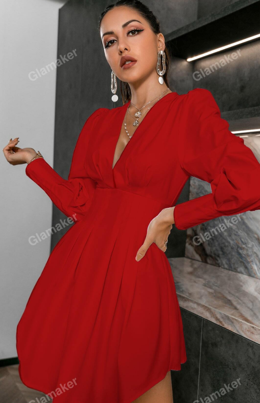 Glamaker Lantern Sleeve Fold Pleat Curved Hem Dress