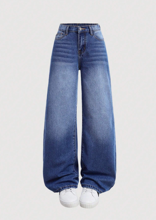 SHEIN Tween Girl Y2K Loose Fit Casual Denim Pants With Pockets And Wide Legs