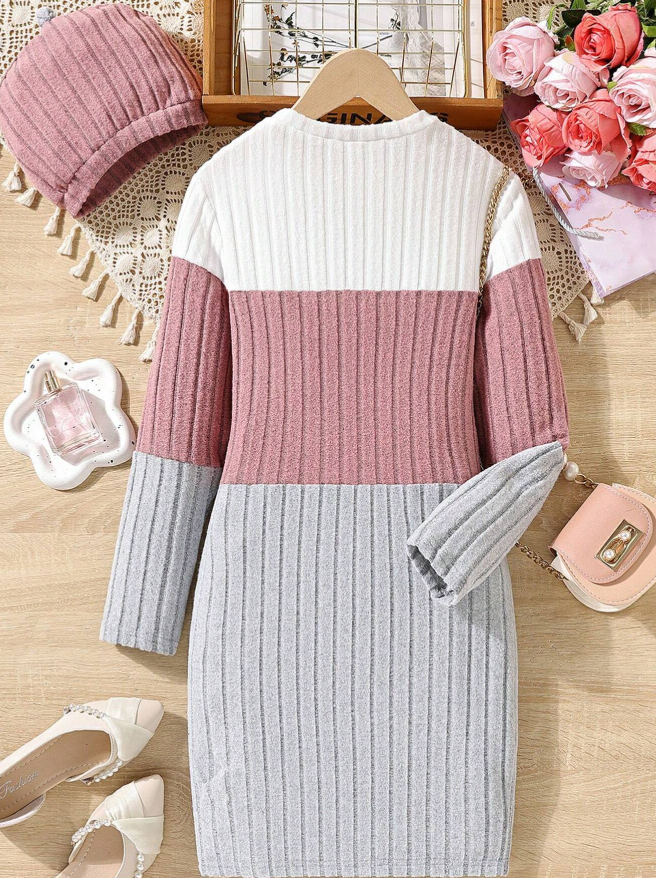 SHEIN Tween Girl Color Block Ribbed Knit Dress & Hat 12y