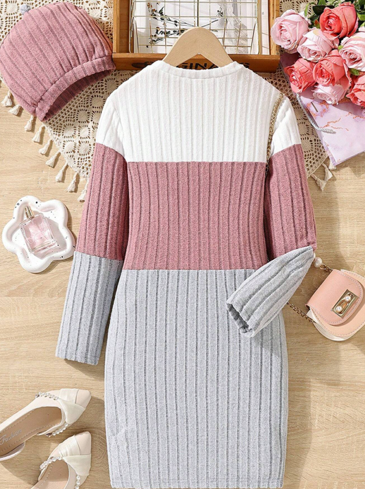 SHEIN Tween Girl Color Block Ribbed Knit Dress & Hat 12y