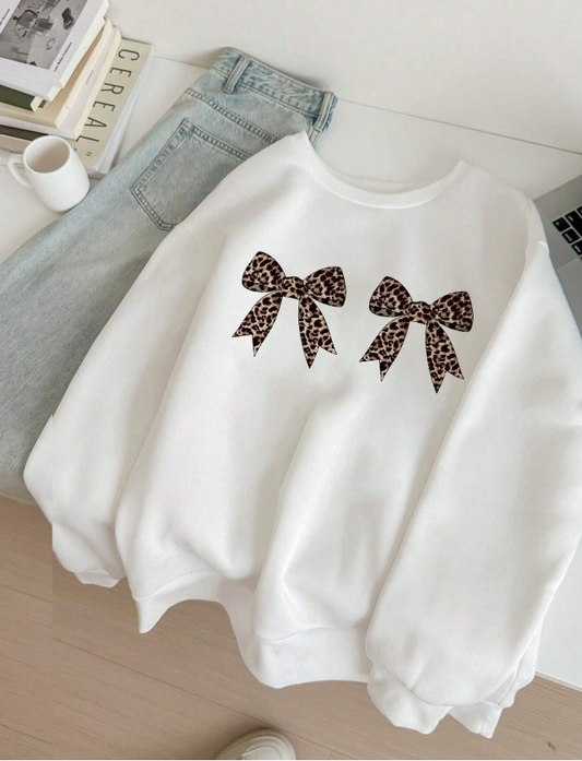 SHEIN Leopard Bow Print Casual Oversized Thick Sweatshirt, 12Y