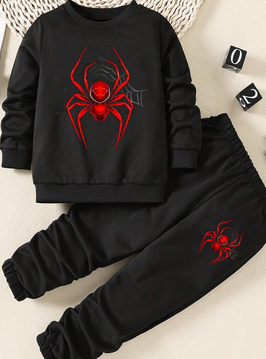 SHEIN Tween Boys Spider Printed Long Sleeve And Pants Casual Two-Piece Set