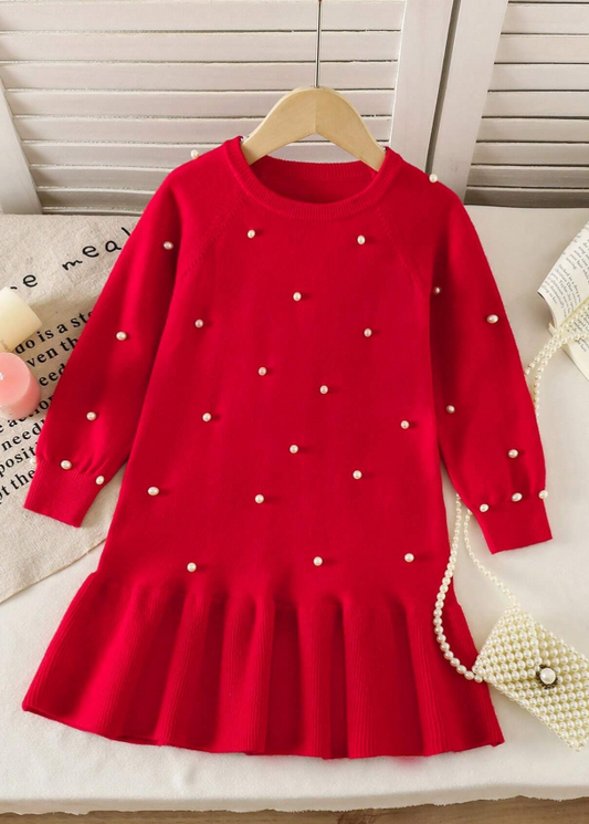 HEIN Young Girl Red Pearl Beaded Mermaid Style Sweater Dress Exuding Noble Elegance