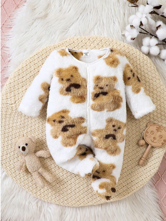 SHEIN Baby Boy Cute Bear Pattern Coral Fleece Jumpsuit For Warm Home Wear
