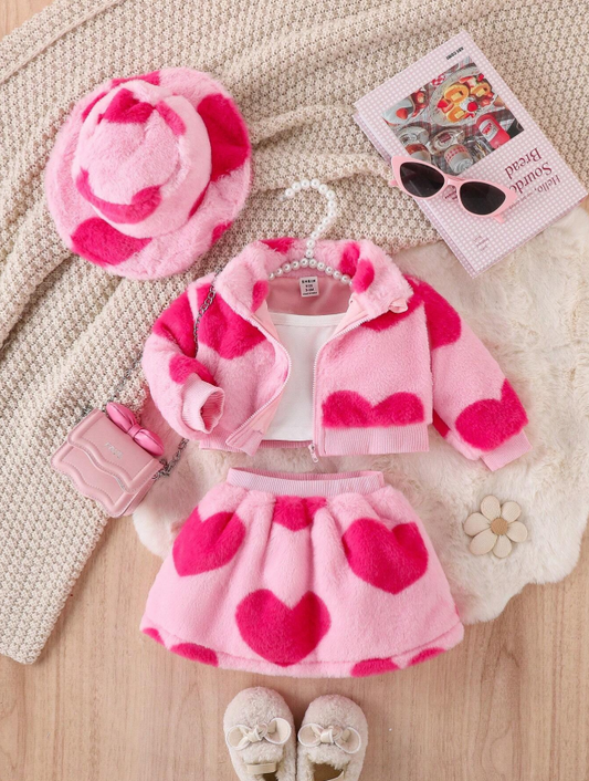 Baby Girl Elegant Heart Print Fluffy Sweater Set With Hat, FallWinter Clothes