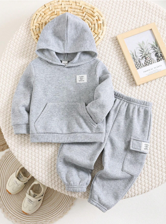 SHEIN 2 Pcs Baby Boy Sets, Casual Letter Print Hoodie Sweatshirt & Elastic Waist Long Pants
