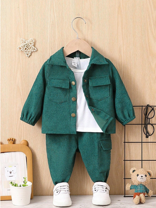 SHEIN Baby Boy Flap Pocket Cord Jacket & Pants Without Tee, For Christmas
