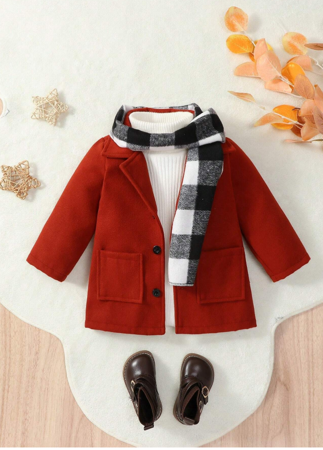 SHEIN Baby Boy Solid Color Lapel Neck Long Sleeve Single Breasted Pocket Casual Jacket, Winter