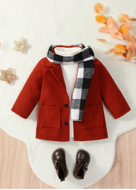 SHEIN Baby Boy Solid Color Lapel Neck Long Sleeve Single Breasted Pocket Casual Jacket, Winter