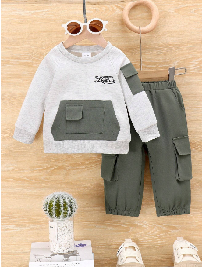 2pcsSet Baby Boy Casual Long Sleeve Color-Block Sweatshirt And Cargo Pants Set, Lightweight, SpringAutumn